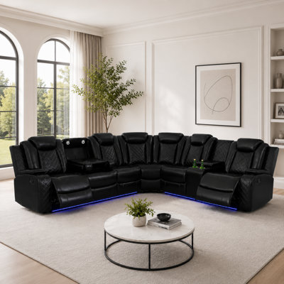 3 - Piece Vegan Leather Power Reclining Sectional Sofa Set with LED Lights and Wireless Charging Station