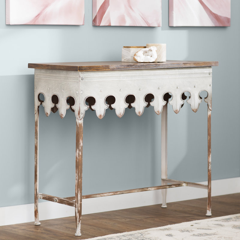 Zinc-ed Metal and Wood Scalloped Edge Sofa Table, Zinc