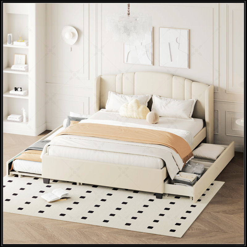 Upholstered Platform Bed With Wingback Headboard, Beige