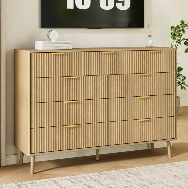 Fluted 9-Drawer Double Dresser For Bedroom, 55.1" Modern Chest Of Drawers With Deep Drawers, Curved Profile Design, Wood Drawer Organizer For Living Room, Hallway, Nursery, Hallway Closet