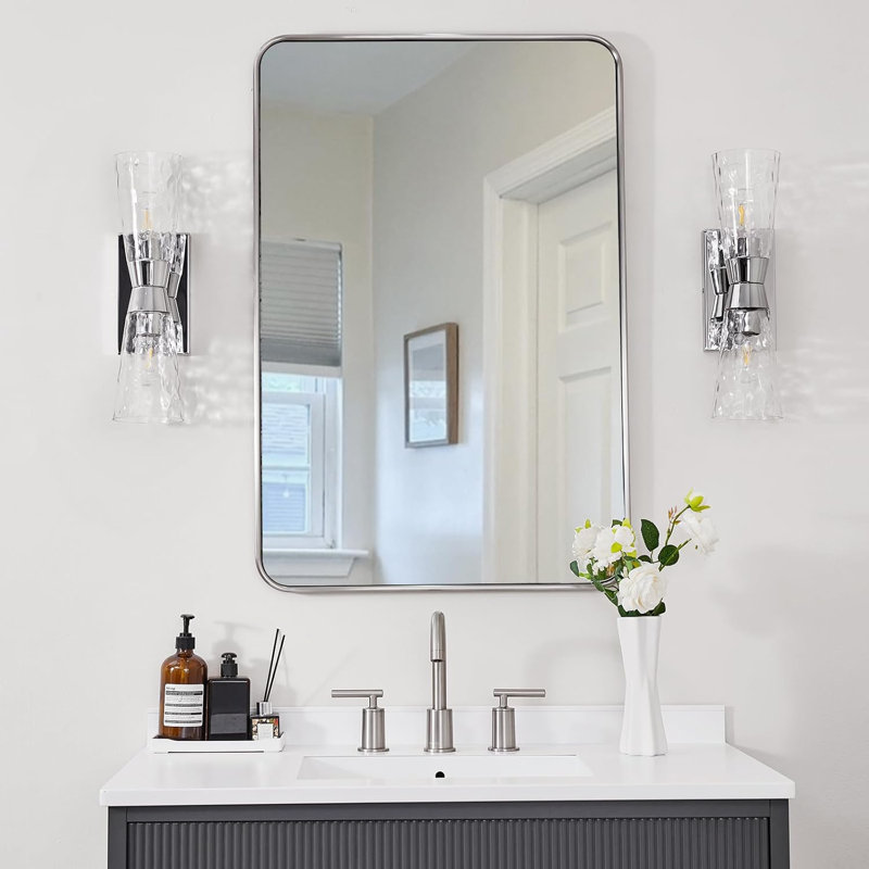 Modern Rounded Rectangular Bathroom Vanity Mirror | Stainless Steel U-Tube Frame, Brushed Nickel, 36" x 24"