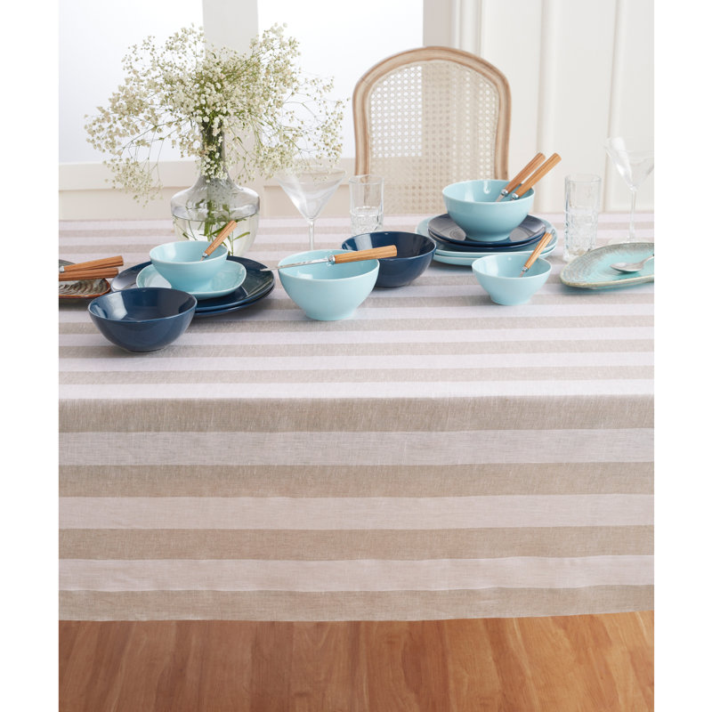 Cabana Stripe - 100% Pure Linen Tablecloth, Natural/White, 120" x 60"