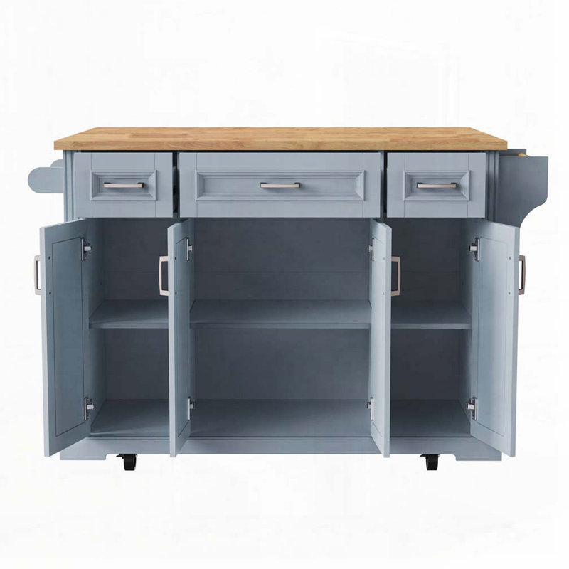 54Inch Large Kitchen Island With Rubber Wood Drop Leaf, Embossed Texture Rolling Kitchen Cart On 4 Wheels With 4 Doors And 3 Drawers, Kitchen Island With Storage For Kitchen, Dining Room,Grey Blue