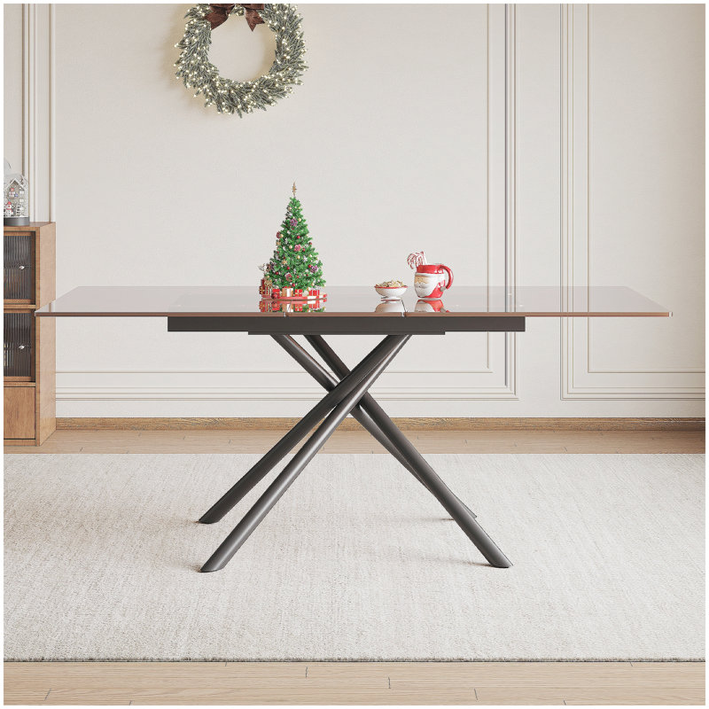 59-inch Modern Rectangle Expandable Dining Table with Retractable Leaf, Black Sandblasted Glass Top & Carbon Steel X-Base, Sturdy 4-6 Person Table for Small Spaces