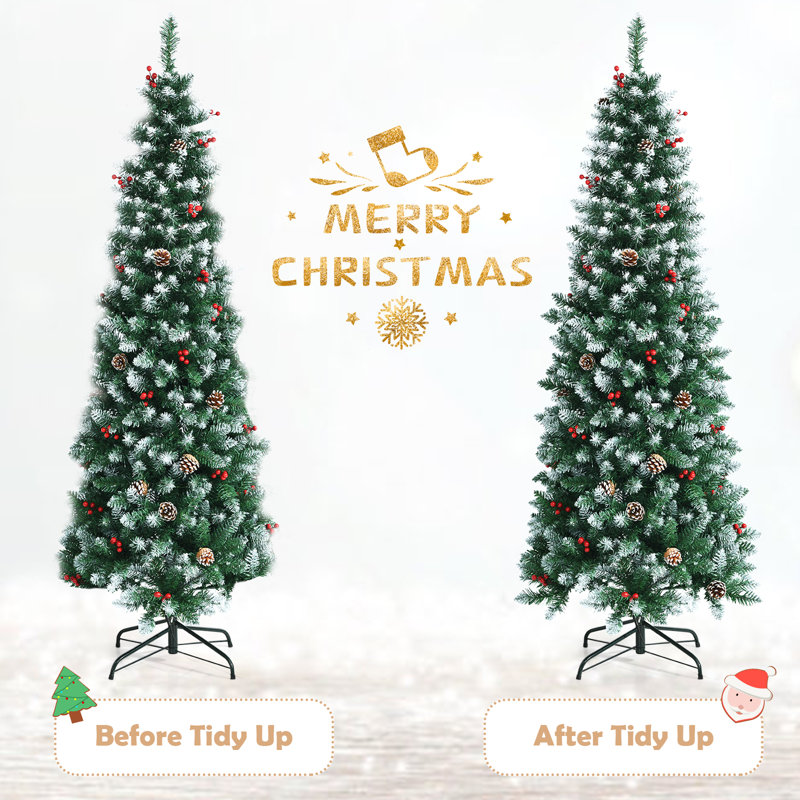 7' Pre-Lit Snow-Flocked Pine Christmas Tree with Pine Cones and Berries