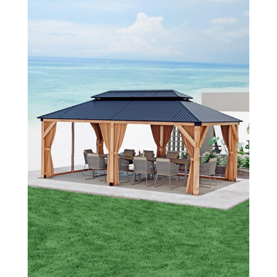 10' x 20' Hardtop Wooden Gazebo with Double Metal Roof – Heavy-Duty All-Weather Outdoor Gazebo with Netting & Curtains for Patio, Deck, Backyard or Garden