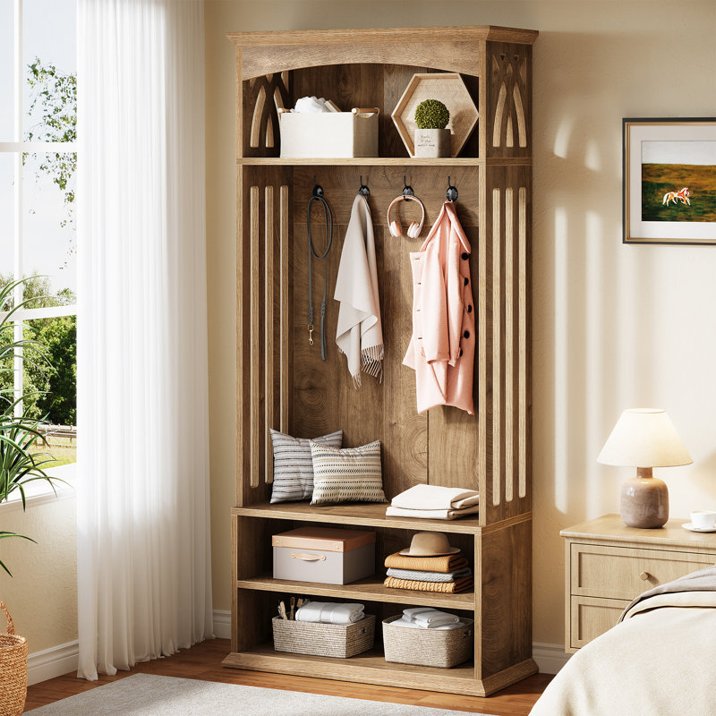 Farmhouse Hall Tree 31.5" Wide with Bench, Shoe Storage & 5 Hooks