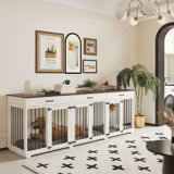Dog Crate Furniture Indoor Wood Dog Kennel Cages With 2 Divider, 3 Draws And 3 Doors With Locks, 95"X23.6"X31.5"H