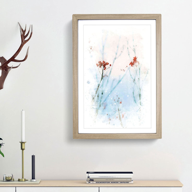 Branches of Red Berries in Abstract - Picture Frame Painting Print, 65cm H x 48cm W x 2cm D, Oak Framed