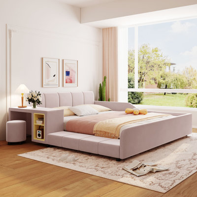 Lit plateforme Elowen Modern Glam avec bureau intégré et rails de sécurité