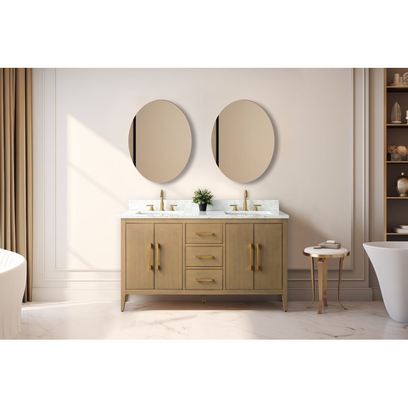 Chambery 60" Double Sink Bathroom Vanity with Engineered Marble Top, Natural Oak, Brushed Gold