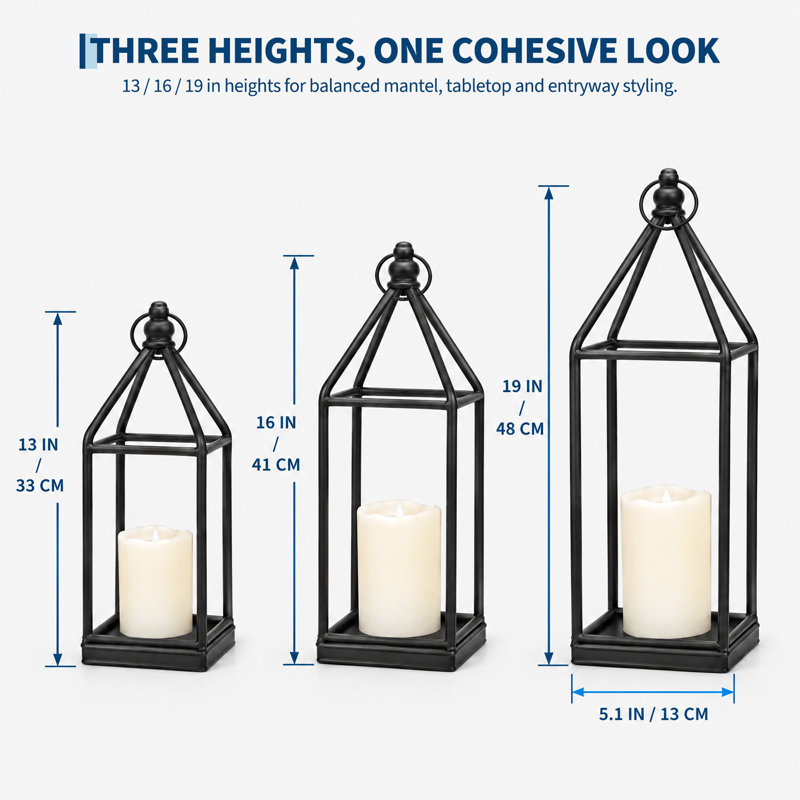 Lanternes décoratives avec chandelles - Ensemble de 3 lanternes hautes en métal noir - Décoration moderne de style ferme pour l'intérieur, l'extérieur, une table ou un porche