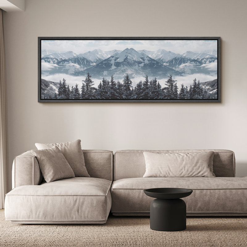 Nature, paysage, montagnes majestueuses et forêt enneigée, paysage des merveilles d'hiver, H 20 po x l 60 po, Noir