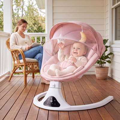 Electric Baby Swing with Remote Control - 5 Natural Motion Speeds, Detachable Seat Pad | Portable Infant Swing for Indoor/Outdoor Use (0-12M, 20lbs)(Pink)