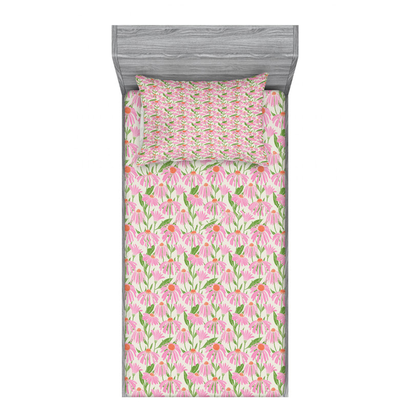 Microfiber Floral Sheet Set, Twin Sheet Set + Fitted Sheet + 1 Pillowcase, Pink/Amber/Blue Floral