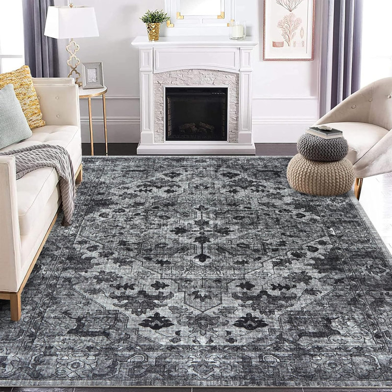 Entryway Runner Rug, Washable Vintage Low Pile Stain-Resistant, Non-Slip Soft Thin Carpet for Kitchen, Bedroom, Bathroom (Grey)