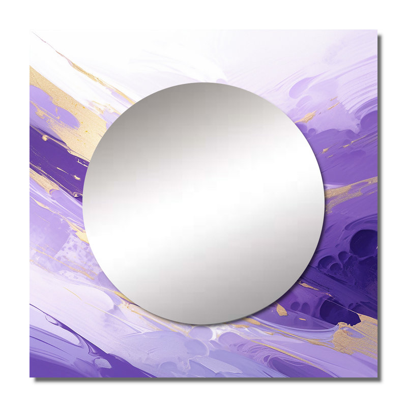 Chieu - Abstractions dynamiques mauves et dorées I, art abstrait miroir carré violet pour salle de bain, 23 po x 23 po