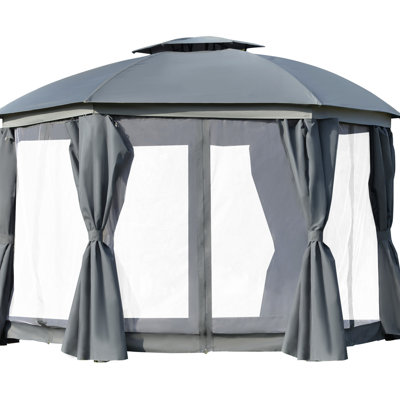 12' X Gazebo With Double Roof, Steel Frame, Grey, Netting Sidewalls And Curtains For Garden Relaxation Round Outdoor Gazebo, Strong Frame Privacy Picnic