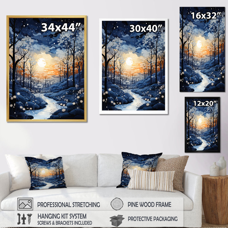 «Forest Winter Blue Monochen - Landscape & Nature», reproduction d'art sur toile, Cadre flottant blanc