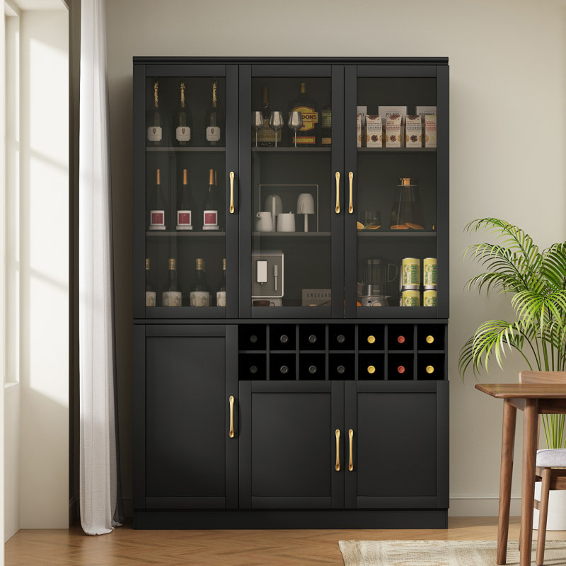 Meuble-bar à vin moderne de 180 cm de haut avec portes vitrées et casier à bouteilles amovible, meuble bar à café, Noir
