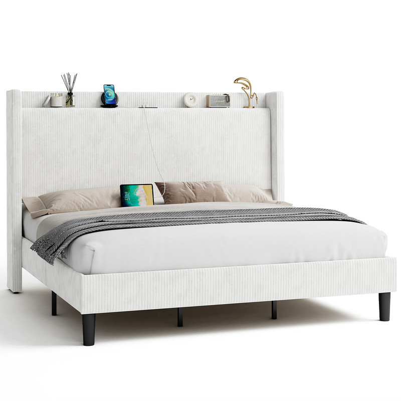 Base de lit tapissier avec tête de charge Hisao, gris foncé, Double, Blanc