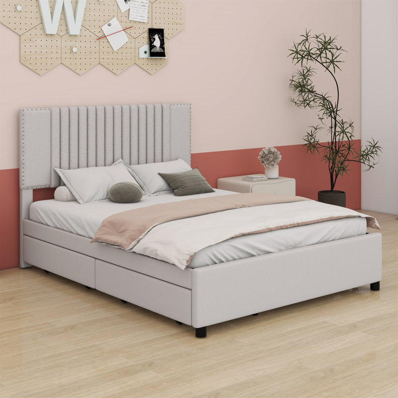 Upholstered Platform Bed with 2 Drawers and 1 Trundle, Classic Headboard Design, Beige, Queen