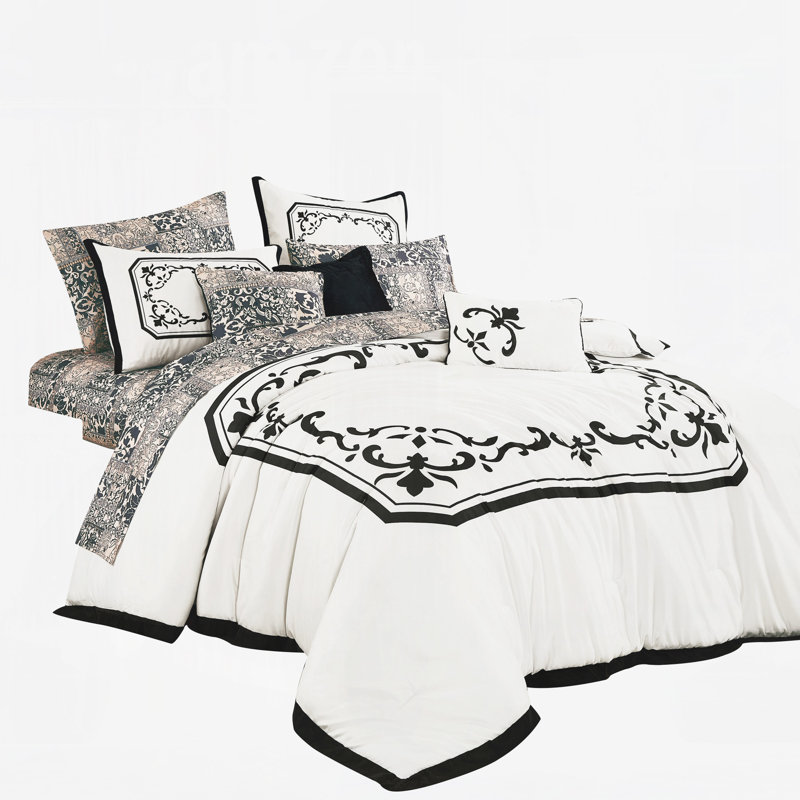 10-Piece White & Black Damask Comforter Set With Sheets & Decorative Pillows，King, King Comforter + 9 Additional Pieces