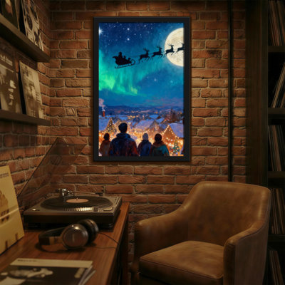 Christmas Santa Sleigh Reindeer Moon Night City Lights Aurora