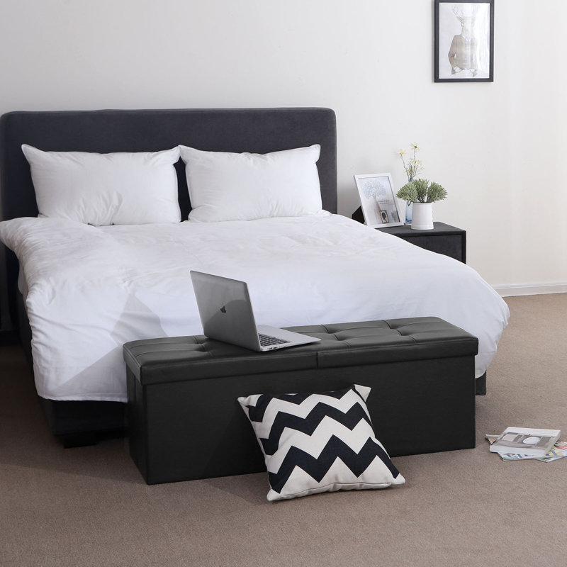 Repose-pieds de rangement rectangulaire en similicuir de 43 po de large Grace Bay, Similicuir noir