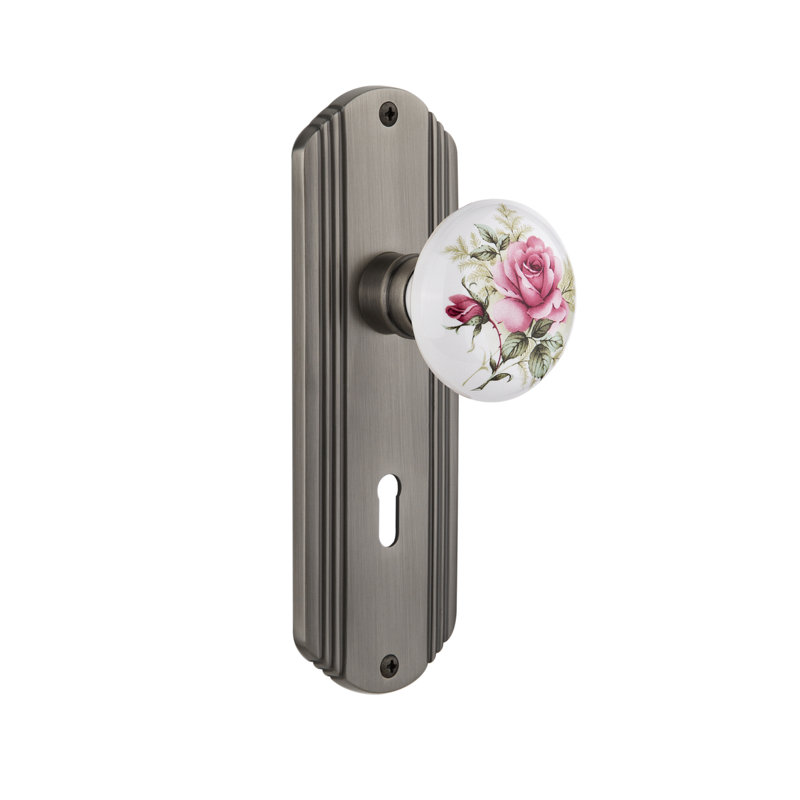 Deco Plate with Decorative Keyhole and White Rose Porcelain Door Knob, 2-3/4”, Antique Pewter