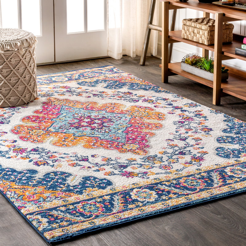 Lathan Power Loom Blue/Yellow/Cream Rug, Rectangle 5'3" x 7'7"