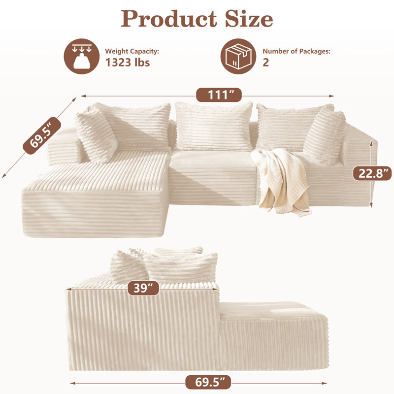 Boneless 111" Modular Sectional Sofa L-Shape Rabbit Plush Couch With Chaise, Modular Boneless L-Shaped Deep Seat Cloud Couch, Comfy Sleeper Floor Sofa For Living Room