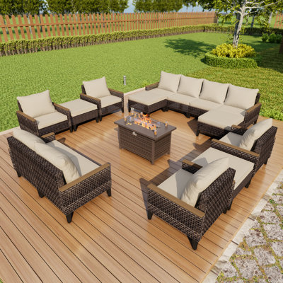 15 Pieces Patio Furniture Set With Fire Pit Table, Outdoor Conversation Sets Wicker Rattan Sectional Sofa