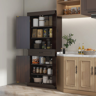 Freestanding Kitchen Pantry, 4 Doors, 2 Large Cabinets, Wide Drawer, Coffee
