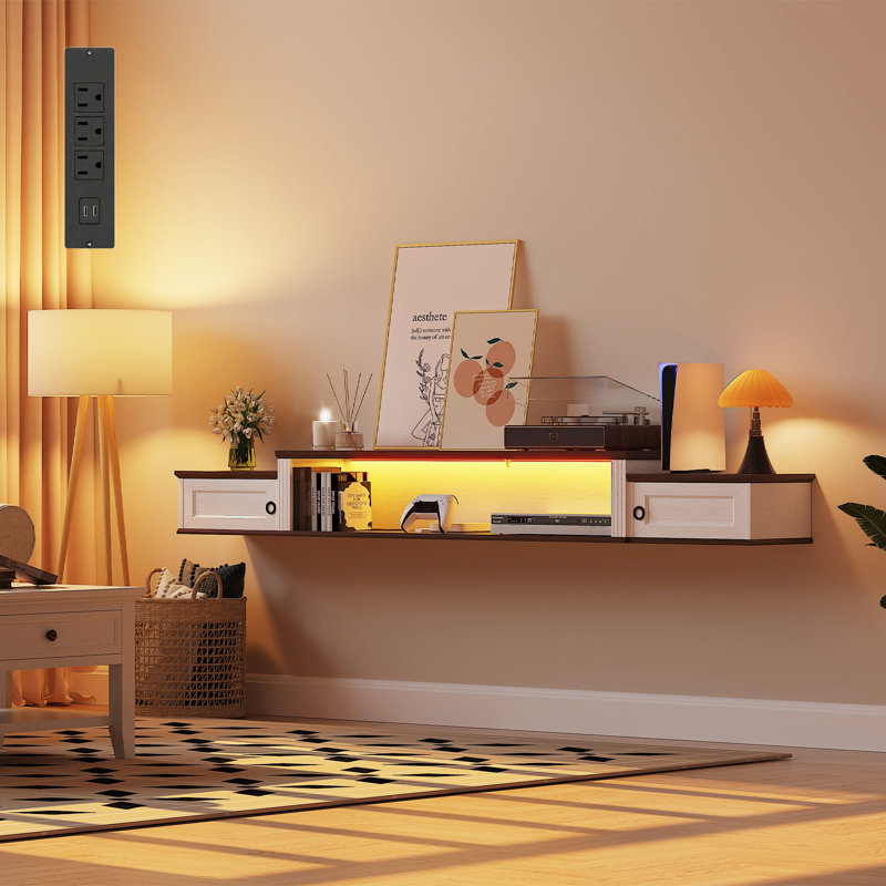 Meuble télé 70 po de style campagne pour téléviseur de 80 po ou moins, meuble télé flottant en bois avec armoire de rangement, tablette murale avec éclairage et station de charge