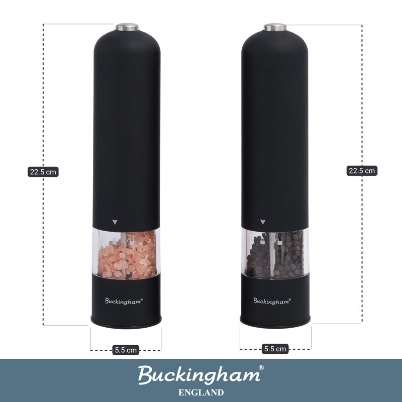 Buckingham Electric Salt & Pepper Mills Set Battery Operated Stainless Steel Soft Touch Push Button