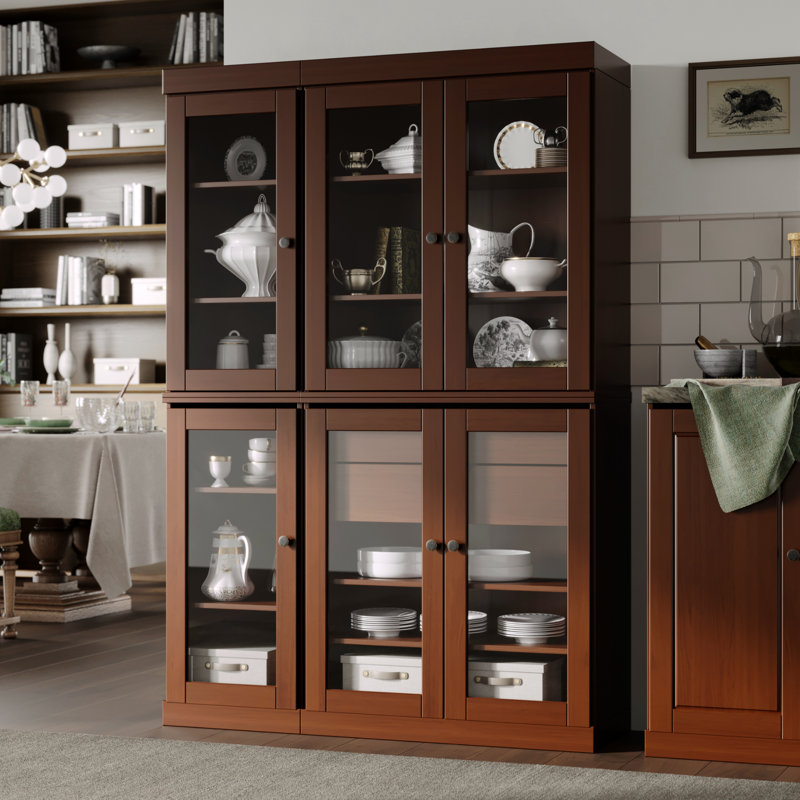 100% Solid Wood 48.5" Pantry China Cabinet with Clear Glass Doors, 2-Drawers and Adjustable Shelves, Mocha