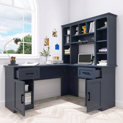 Bureau d'ordinateur en L, 2 armoires et 2 tiroirs, station de charge intégrée, bureau de travail polyvalent pour bureau, salon et bureau à domicile