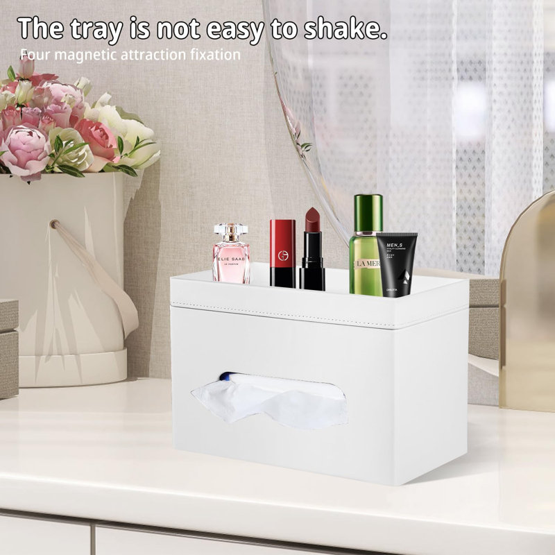 Couvercle de boîte à mouchoirs en similicuir avec plateau de rangement détachable, convient à une boîte de papier-mouchoir rectangulaire de 230 unités, moderne et moderne pour la salle de bain, la commode de chambre à coucher, la table de chevet