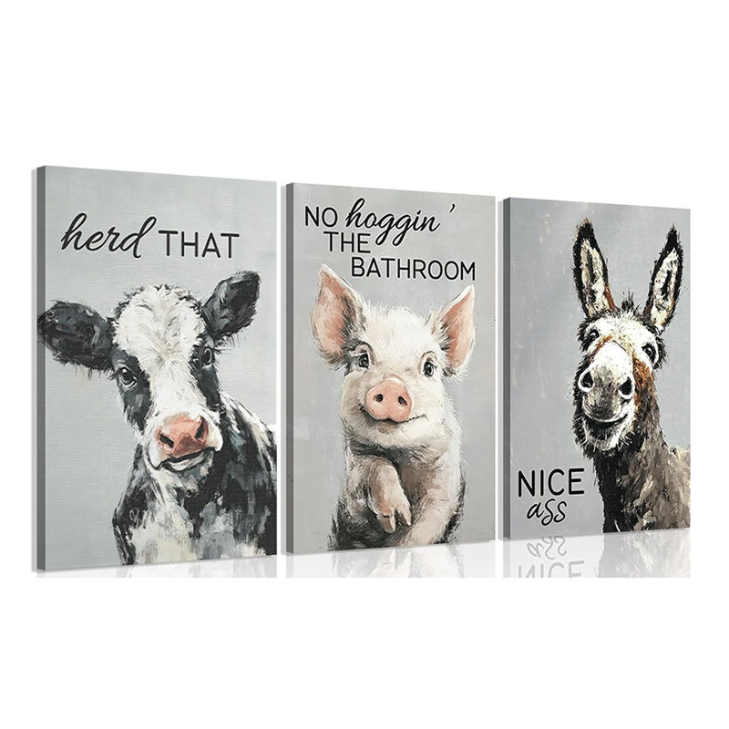 3Pcs Funny Bathroom Animals Wall Art Animals Posters Artwork Modern Farmhouse Bathroom Painting Pictures Wall Decor For Washroom Home Decoration Framed