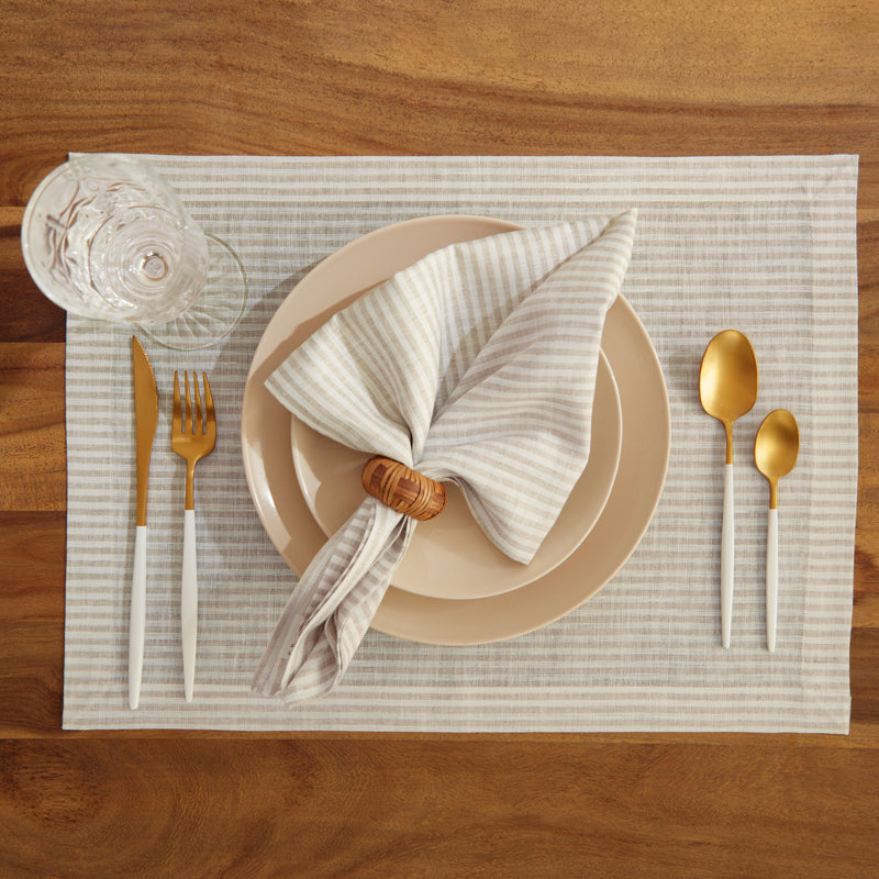 Narrow Stripe - 100% Pure Linen Dinner Napkins, Natural/White