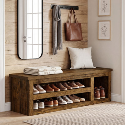 63" Farmhouse Entryway Bench with 3-Tier Shelves, Shoe Storage Bench Holds Up to 9 Pairs of Shoes for Bedrooms, Hallways