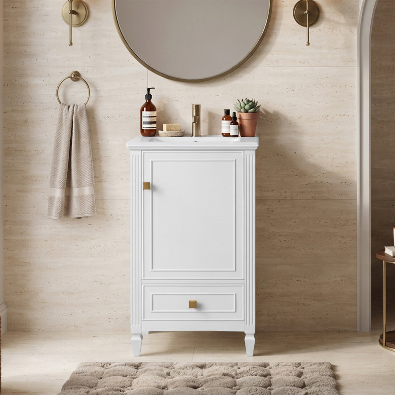 Meuble-lavabo simple 20 po avec lavabo en céramique blanc, porte à fermeture douce avec support à 2 niveaux et tiroir