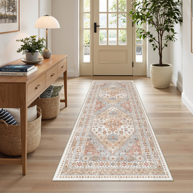 Malaika Machine-Washable Non-Slip Medallion Area Rug, Orange, Runner 2' x 5'