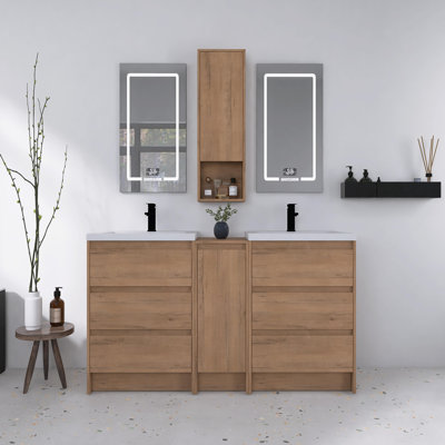 Ensemble de meuble-lavabo 60 po, meuble-lavabo autoportant avec double lavabo en résine et armoires de rangement, portes et tiroirs à fermeture en douceur