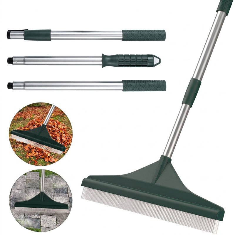Râteau à gazon artificiel incurvé avec manche en acier réglable en 4 sections (82 à 143 cm), brosse à gazon à poils PBT pour gazon artificiel, terrasse, tapis, poils d'animaux et nettoyage de jardin.