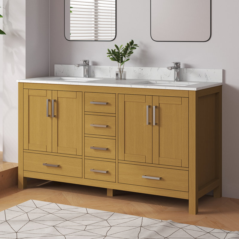 Felix 60'' Fully Assembled Single Bathroom Vanity Set With Solid Surface Engineered Marble Top and Backsplash, Oak, 60"