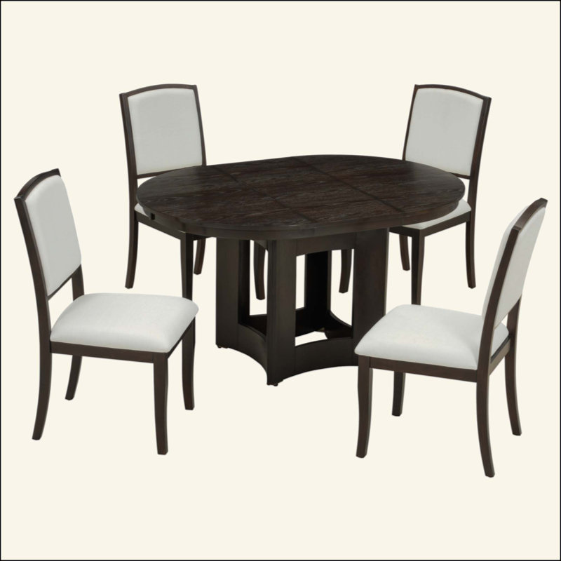Farmhouse Extendable Round Dining Table Set For 4, 5-Piece Kitchen Table Set With 4 Upholstered Chairs And 16Inch Removable Leaf For Small Places