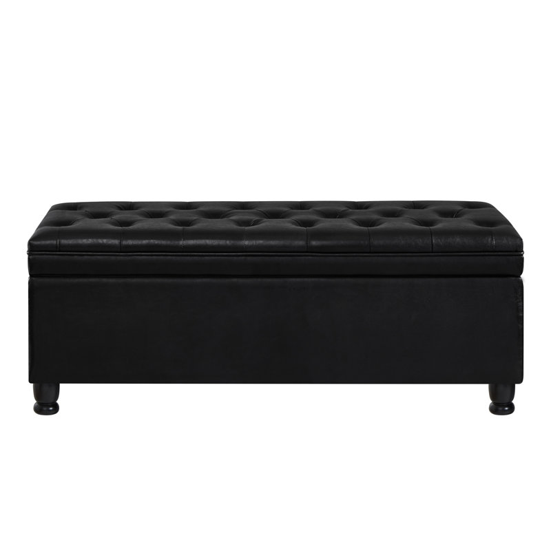 Upholstered Tufted Button Storage Bench ,Faux Leather Entry Bench With Spindle Wooden Legs, Bed Bench- Black
