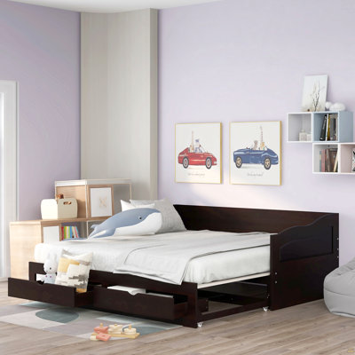 Wooden Daybed With Trundle Bed And Two Storage Drawers , Extendable Bed Daybed